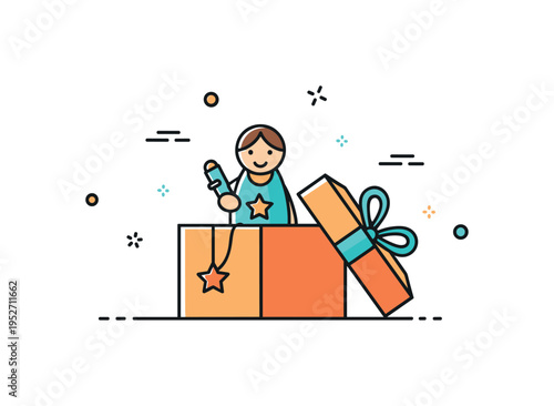 Unique travel souvenir concept centered around a small handcrafted figurine placed inside an open gift box with a subtle star accent, symbolizing memory,