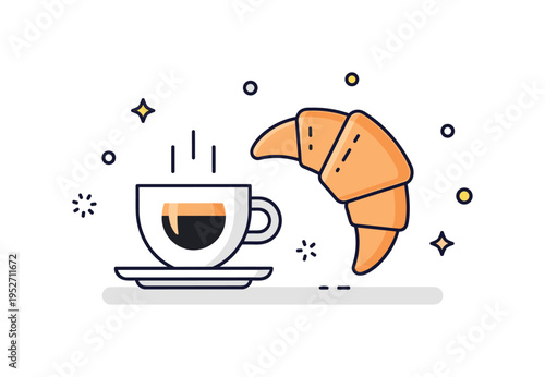 Espresso and pastry pairing showing a compact cup beside a simple croissant shape, conveying cozy cafe atmosphere and indulgent pause. The badge