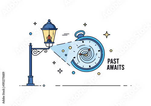 Gas lamp and pocket watch fusion concept showing an antique street lamp casting light that morphs into a spiral time portal. Small star accents and a ?Past