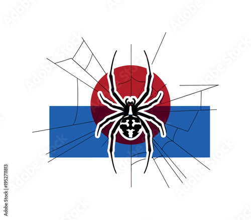 Black and white black widow spider centered with legs extended symmetrically, vibrant deep red circle behind the body echoing warning symbolism, cobalt blue