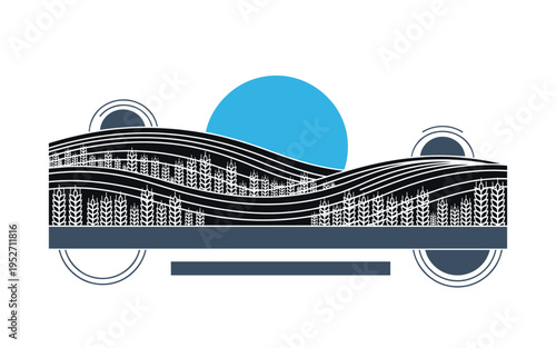 Black and white stylized rolling wheat waves across landscape, vibrant sky-blue geometric circle centered behind upper portion, muted navy horizontal bar