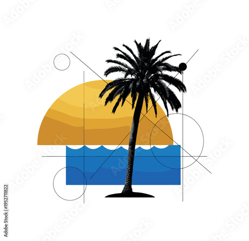 Black and white vintage palm tree slightly tilted, oversized golden semicircle sun behind it cropped by the frame edge, bold blue rectangular block anchoring