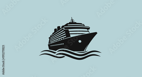Cruise ship silhouette illustration on a light blue background depicts ocean travel