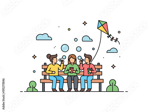 Friends blowing bubbles while sitting on a park bench with a kite flying nearby, creating a joyful scene of relaxation and playful connection with nature.
