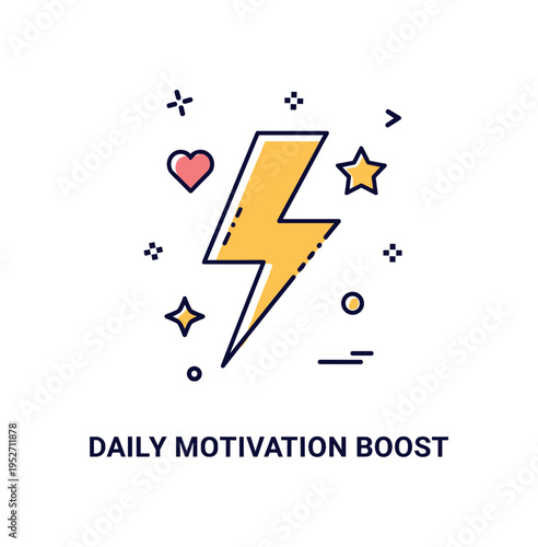 Daily motivation boost shown as a lightning bolt icon combined with a small heart and star details, expressing vitality and emotional strength. The compact