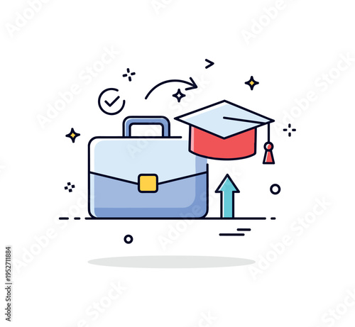 Professional retraining and career change concept depicted by a briefcase icon merging with a graduation cap, symbolizing transition and new opportunities.