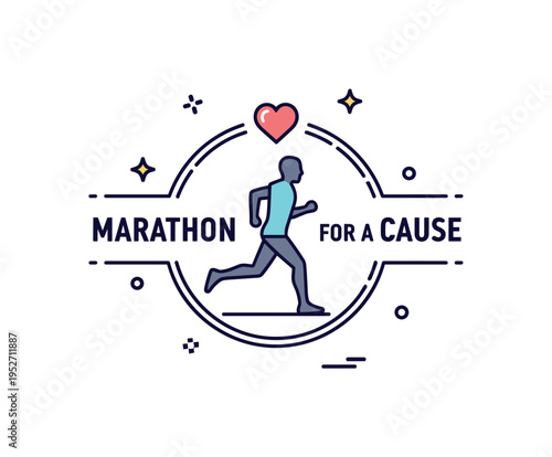 Marathon for a cause badge featuring a single runner silhouette framed by a circular path line and small heart symbol, expressing commitment and social