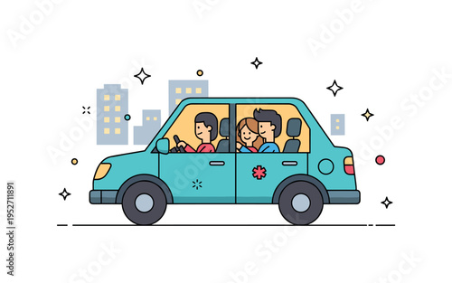 Evening carpool with friends returning home, warm lights inside the car and city lights outside, creating a cozy, relaxed, and friendly mood. Minimalist flat