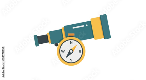 Illustration of a telescope with an integrated compass, flat style and white background