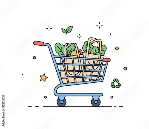 Eco friendly shopping cart featuring a trolley filled with reusable bags and leafy greens, expressing sustainable consumption and environmental awareness. The