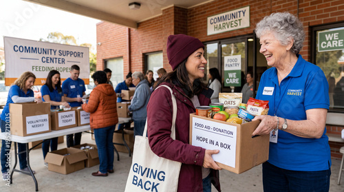 Food bank volunteers helping community, donation box with groceries, charity event, food aid, support center, giving back, volunteers needed, food pantry, helping hands, social services