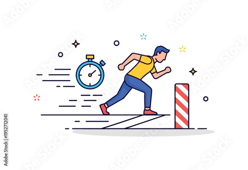 Finish line triumph featuring a focused athlete stepping over a clear race marker with a small stopwatch icon and motion lines suggesting speed and effort. The