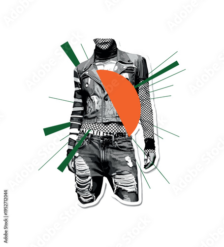 Black and white alternative street style figure with layered textures and fishnet patterns, bright orange semicircle intersecting the torso, dark green angular