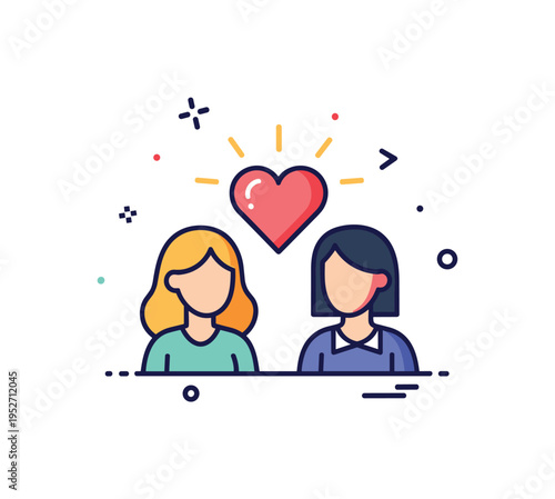 Emotional balance and companionship badge combining two minimal silhouettes under a shared glowing heart symbol. The scene reflects harmony, trust, and