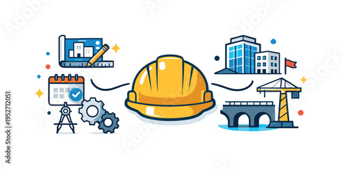 Civil engineering workflow highlighting coordination between design and execution. A clear symbolic scene where a helmet connects planning icons with finished