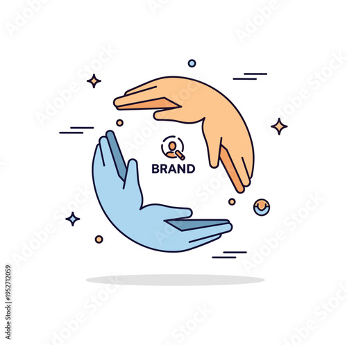 Community engagement initiative depicted by interlinked hands forming a subtle circle around a small brand icon, conveying trust, loyalty, and meaningful