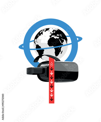 Black and white globe floating in front of a VR headset, large blue circular halo amplifying global virtual access, red vertical stripe connecting globe to