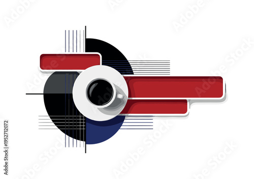 Monochrome coffee cup and saucer inspired by Viennese cafe culture, intersected by abstract semicircles and structured linear grids, flat rectangular red