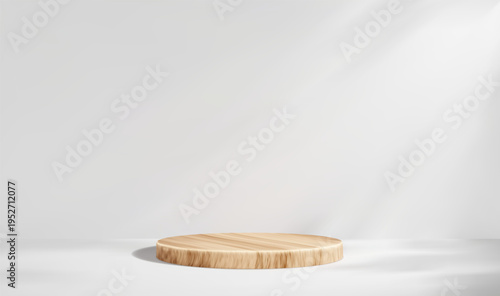 White interior studio scene with wooden podium. Natural wood platform on light surface for product presentation. Minimal clean exhibition backdrop.
