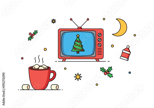 Christmas movie night atmosphere with a television displaying a small decorated tree icon and a mug of hot cocoa with marshmallows in the foreground. The