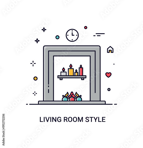 Fireplace mantel modern interior badge showing a sleek fireplace frame with a clean shelf displaying candles and a small clock icon, symbolizing contemporary
