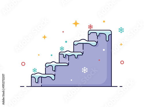 Frost covered stairs illustrated by a simple staircase with light icy glaze and small snowflake accents, expressing winter hazard and careful movement. A