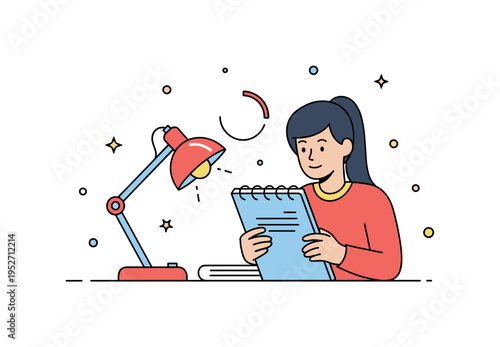 Evening study session office worker reviewing digital notes under a small desk lamp with a subtle progress ring near completion, expressing dedication and