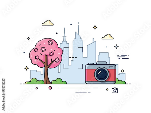 Urban spring landscape city skyline softly outlined behind a flowering park tree framed by a simple camera viewfinder. A modern concept badge about blending