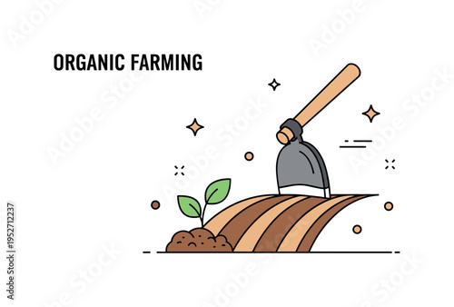 Organic farming hand hoe concept centered on a sturdy hoe with neat soil rows and a young plant, expressing sustainable agriculture and hands on field care.