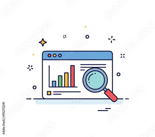 Monitoring and control concept featuring a dashboard panel with simple bar charts and a magnifying glass icon, symbolizing tracking performance and managing