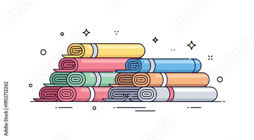 Textile raw materials storage with rolled fabric bolts arranged in tidy stacks representing manufacturing preparation and material control. Soft curved forms