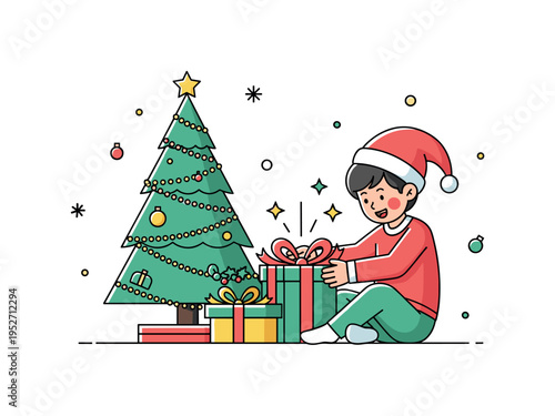 Opening presents on Christmas morning child sitting on the floor beside a decorated tree unwrapping a gift box with bright ribbon, small star accents