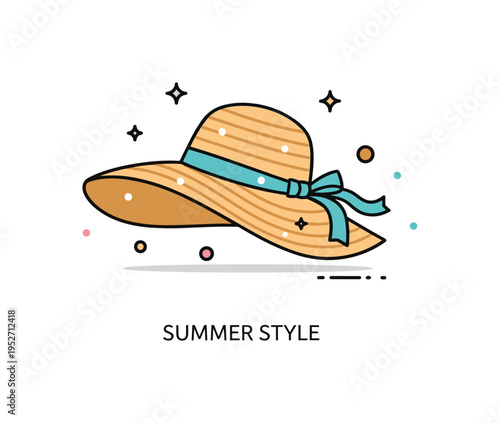 Wearing a sunhat fashion accessory highlight with a close up of a stylish straw hat adorned with a ribbon, tiny sparkles emphasizing seasonal elegance and