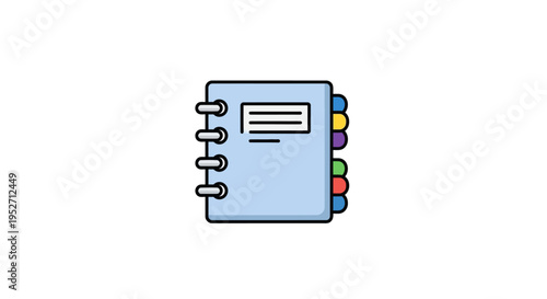 Cartoon-style illustration of a notepad with a spiral binding and colored tabs