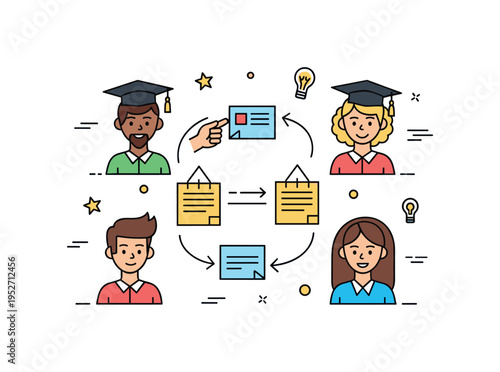 Academic teamwork discussion concept featuring classmates exchanging ideas with simple gesture lines and highlighted notes between them, representing