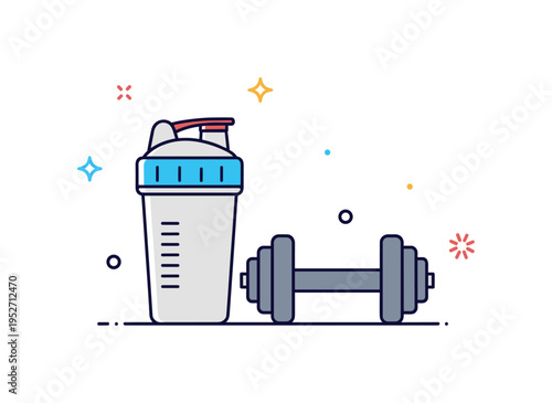 Fitness supplement routine featuring a closed shaker bottle beside a minimal dumbbell silhouette and tiny sparkle accents conveying readiness and performance.