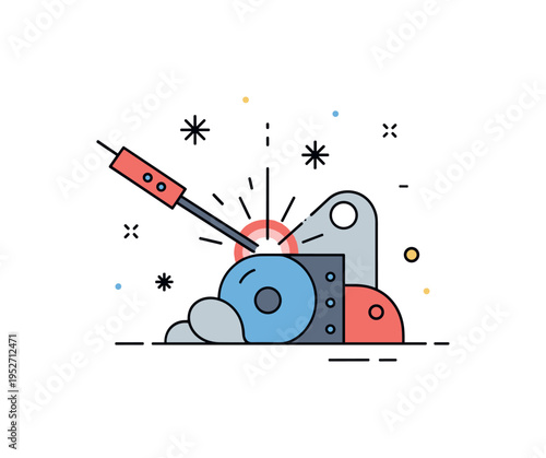 Creative welding sparks moment centered on a compact sculpture form with subtle star shaped spark accents, expressing energy, precision, and artistic