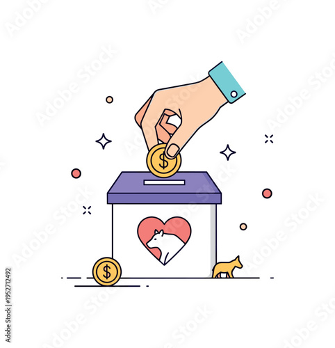 Wildlife charity donation concept showing a hand placing a coin into a small donation box marked with a heart and animal silhouette, expressing community
