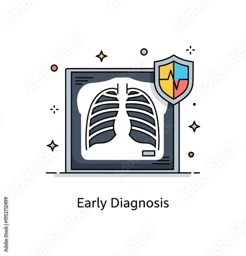 Chest x-ray preventive healthcare illustration with a simplified imaging panel and a small shield icon overlay, representing early detection and protection.