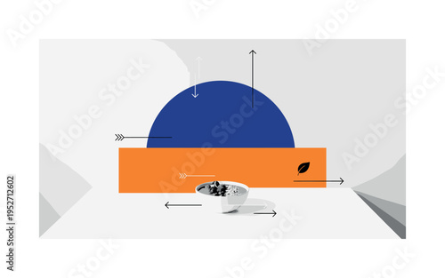 Black and white minimal kitchen setting with smoothie bowl centered on table, bold blue semicircle behind upper wall area, orange rectangle intersecting lower