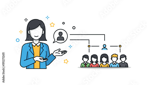 Non verbal communication in teaching centered on a teacher silhouette using open hand gestures while simple attention lines connect to a small group of