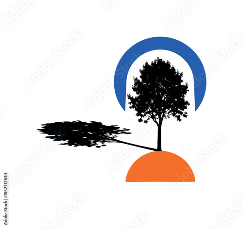 Black and white solitary tree silhouette casting exaggerated elongated shadow, bold blue halo framing the upper space and orange semicircle at the base, thin