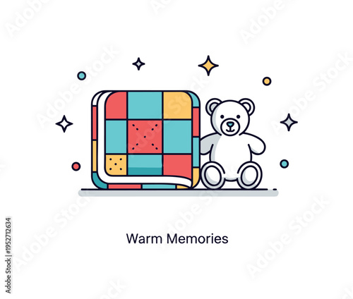 Faded quilt childhood memory theme showing a small patchwork blanket folded beside a simple teddy bear silhouette, symbolizing security and sentimental