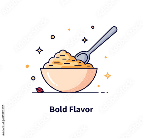 Grated horseradish condiment in a rounded bowl with a spoon resting gently inside. Subtle star details and a short ?Bold Flavor? caption create a compact