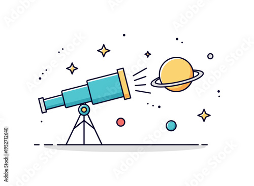 Space education illustration featuring a telescope aimed at a simple planet with a ring, representing learning about the solar system and expanding knowledge.