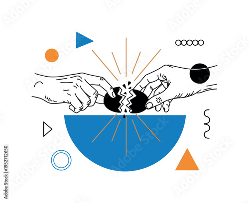 Black and white image of broken object being carefully mended by two hands together, oversized blue semicircle grounding composition as symbol of unity, thin