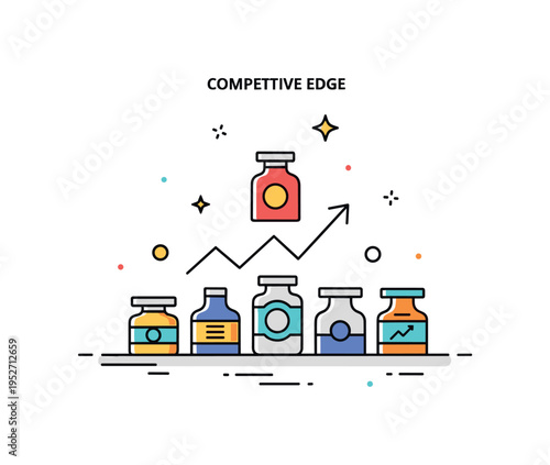 Competitive edge growth concept illustrated by a highlighted product icon placed above a subtle rising arrow while others remain aligned below. The scene