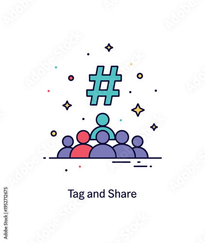 Event hashtags festival social sharing scene with a hashtag symbol floating above a minimal crowd silhouette and tiny star accents, representing collective