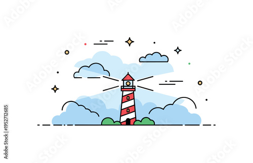 Signal fading in the mist concept centered on a small lighthouse with diffused light beams softened by surrounding cloud shapes, expressing guidance, hope, and