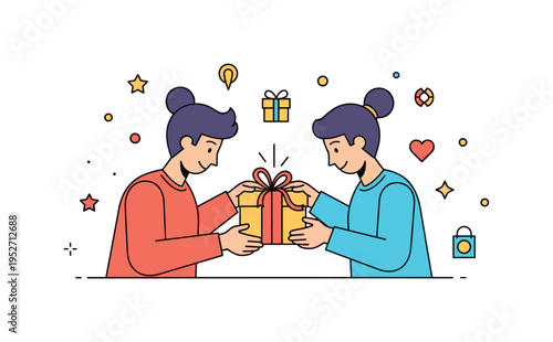 Handmade gift creation scene centered on two figures wrapping a small box with ribbon and a subtle sparkle accent, expressing teamwork, care, and thoughtful